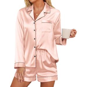 imageEkouaer Silk Pajamas for Women Satin Pajama Set Shorts and Top Long Sleeve Silky PJ Soft Loungewear Sleepwear Button DownPink