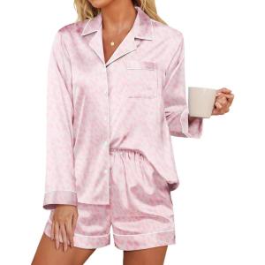 imageEkouaer Silk Pajamas for Women Satin Pajama Set Shorts and Top Long Sleeve Silky PJ Soft Loungewear Sleepwear Button DownPink Leopard
