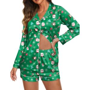 imageEkouaer Silk Pajamas for Women Satin Pajama Set Shorts and Top Long Sleeve Silky PJ Soft Loungewear Sleepwear Button DownSanta Clausgreen