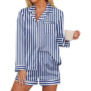 imageEkouaer Silk Pajamas for Women Satin Pajama Set Shorts and Top Long Sleeve Silky PJ Soft Loungewear Sleepwear Button DownVertical Stripesnavy