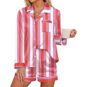 imageEkouaer Silk Pajamas for Women Satin Pajama Set Shorts and Top Long Sleeve Silky PJ Soft Loungewear Sleepwear Button DownVertical Stripespink