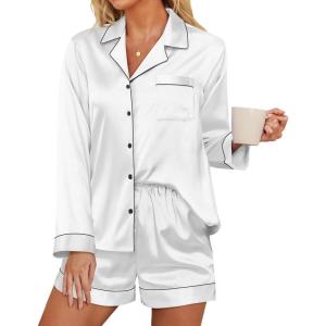 imageEkouaer Silk Pajamas for Women Satin Pajama Set Shorts and Top Long Sleeve Silky PJ Soft Loungewear Sleepwear Button DownWhite