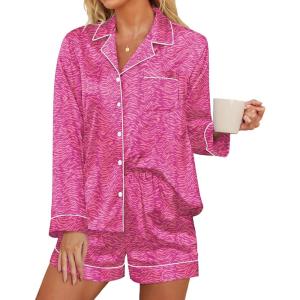 imageEkouaer Silk Pajamas for Women Satin Pajama Set Shorts and Top Long Sleeve Silky PJ Soft Loungewear Sleepwear Button DownZebra Printpink