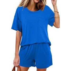 imageEkouaer Womens 2 Piece Pajama Sets Short Sleeve Lounge Sets Soft Round Neck Top and Shorts SleepwearBlue