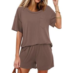 imageEkouaer Womens 2 Piece Pajama Sets Short Sleeve Lounge Sets Soft Round Neck Top and Shorts SleepwearBrown