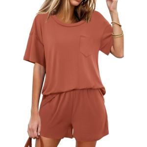 imageEkouaer Womens 2 Piece Pajama Sets Short Sleeve Lounge Sets Soft Round Neck Top and Shorts SleepwearClay