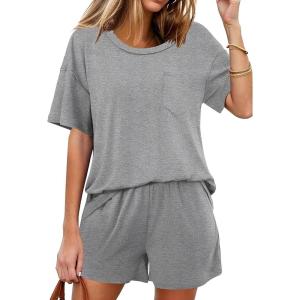 imageEkouaer Womens 2 Piece Pajama Sets Short Sleeve Lounge Sets Soft Round Neck Top and Shorts SleepwearGrey