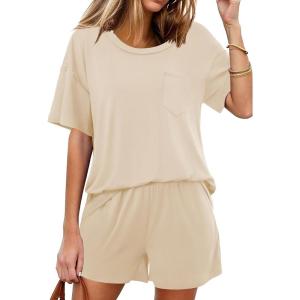 imageEkouaer Womens 2 Piece Pajama Sets Short Sleeve Lounge Sets Soft Round Neck Top and Shorts SleepwearLight Brown