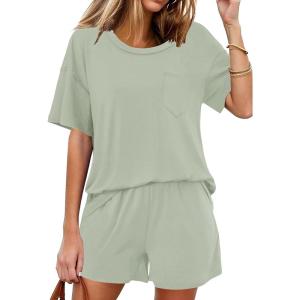 imageEkouaer Womens 2 Piece Pajama Sets Short Sleeve Lounge Sets Soft Round Neck Top and Shorts SleepwearLight Green