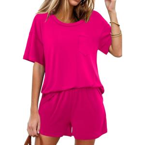 imageEkouaer Womens 2 Piece Pajama Sets Short Sleeve Lounge Sets Soft Round Neck Top and Shorts SleepwearRose Red