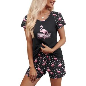 imageEkouaer Womens Pajama Set 2 Piece Soft Lounge Set Short Sleeve Cozy Sleepwear Pjs Set Casual Loose LoungewearBlack Flamingo