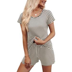 imageEkouaer Womens Pajama Set 2 Piece Soft Lounge Set Short Sleeve Cozy Sleepwear Pjs Set Casual Loose LoungewearBlack Striped