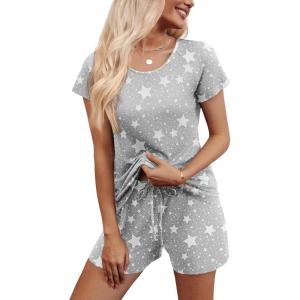 imageEkouaer Womens Pajama Set 2 Piece Soft Lounge Set Short Sleeve Cozy Sleepwear Pjs Set Casual Loose LoungewearGray Star