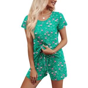 imageEkouaer Womens Pajama Set 2 Piece Soft Lounge Set Short Sleeve Cozy Sleepwear Pjs Set Casual Loose LoungewearGreen Flamingo