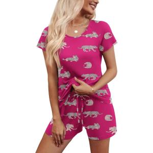imageEkouaer Womens Pajama Set 2 Piece Soft Lounge Set Short Sleeve Cozy Sleepwear Pjs Set Casual Loose LoungewearHot Pink Cheetah Print
