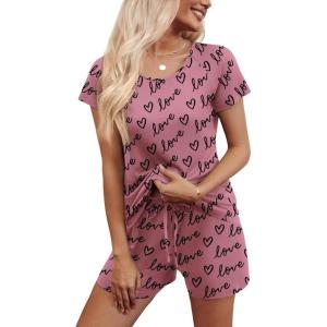 imageEkouaer Womens Pajama Set 2 Piece Soft Lounge Set Short Sleeve Cozy Sleepwear Pjs Set Casual Loose LoungewearPink Love