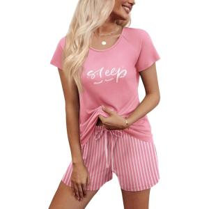 imageEkouaer Womens Pajama Set 2 Piece Soft Lounge Set Short Sleeve Cozy Sleepwear Pjs Set Casual Loose LoungewearPink Striped