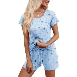 imageEkouaer Womens Pajama Set 2 Piece Soft Lounge Set Short Sleeve Cozy Sleepwear Pjs Set Casual Loose LoungewearPlanet Moon Print