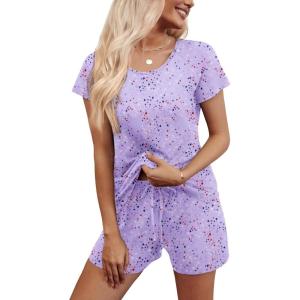 imageEkouaer Womens Pajama Set 2 Piece Soft Lounge Set Short Sleeve Cozy Sleepwear Pjs Set Casual Loose LoungewearPurple Starry