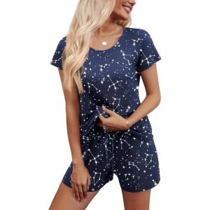 imageEkouaer Womens Pajama Set 2 Piece Soft Lounge Set Short Sleeve Cozy Sleepwear Pjs Set Casual Loose LoungewearStarry Print