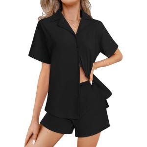 imageEkouaer Womens Pajama Sets 2 Piece Cotton Pjs Button Down Sleepwear Short Sleeve Lounge Set with PocketsBlack
