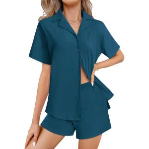 imageEkouaer Womens Pajama Sets 2 Piece Cotton Pjs Button Down Sleepwear Short Sleeve Lounge Set with PocketsBlue Green