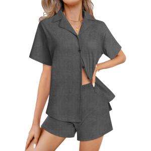 imageEkouaer Womens Pajama Sets 2 Piece Cotton Pjs Button Down Sleepwear Short Sleeve Lounge Set with PocketsDeep Grey