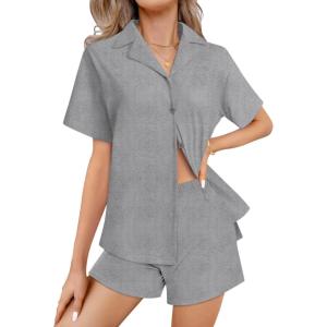 imageEkouaer Womens Pajama Sets 2 Piece Cotton Pjs Button Down Sleepwear Short Sleeve Lounge Set with PocketsLight Grey