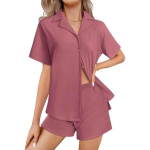 imageEkouaer Womens Pajama Sets 2 Piece Cotton Pjs Button Down Sleepwear Short Sleeve Lounge Set with PocketsRose Pink