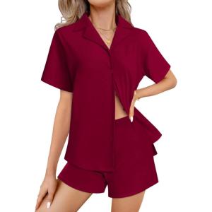 imageEkouaer Womens Pajama Sets 2 Piece Cotton Pjs Button Down Sleepwear Short Sleeve Lounge Set with PocketsWine Red