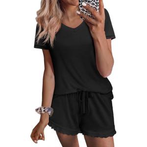imageEkouaer Womens Pajama Sets 2 Piece Short Sleeve Sleepwear Comfy Ruffle Lounge Shorts Set Soft Summer Cute PJ with PocketsBlack