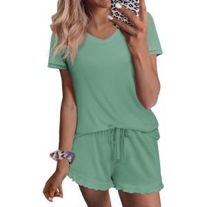 imageEkouaer Womens Pajama Sets 2 Piece Short Sleeve Sleepwear Comfy Ruffle Lounge Shorts Set Soft Summer Cute PJ with PocketsCeladon