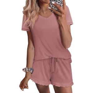 imageEkouaer Womens Pajama Sets 2 Piece Short Sleeve Sleepwear Comfy Ruffle Lounge Shorts Set Soft Summer Cute PJ with PocketsDusty Pink