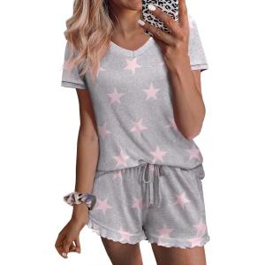 imageEkouaer Womens Pajama Sets 2 Piece Short Sleeve Sleepwear Comfy Ruffle Lounge Shorts Set Soft Summer Cute PJ with PocketsGrey Star