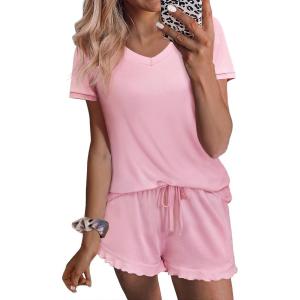 imageEkouaer Womens Pajama Sets 2 Piece Short Sleeve Sleepwear Comfy Ruffle Lounge Shorts Set Soft Summer Cute PJ with PocketsPink
