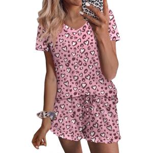 imageEkouaer Womens Pajama Sets 2 Piece Short Sleeve Sleepwear Comfy Ruffle Lounge Shorts Set Soft Summer Cute PJ with PocketsPink Heart Leopard