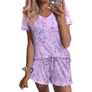 imageEkouaer Womens Pajama Sets 2 Piece Short Sleeve Sleepwear Comfy Ruffle Lounge Shorts Set Soft Summer Cute PJ with PocketsPurple Star Heart