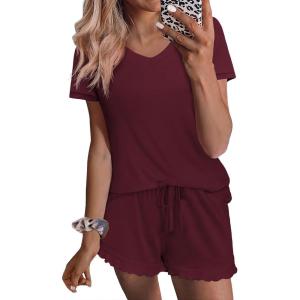 imageEkouaer Womens Pajama Sets 2 Piece Short Sleeve Sleepwear Comfy Ruffle Lounge Shorts Set Soft Summer Cute PJ with PocketsWine Red