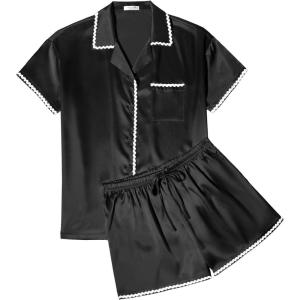 imageEkouaer Womens Pajamas Set Silk Shirt and Shorts Button Down Pj Sets Two Piece Satin Lounge Sets with PocketsBlack