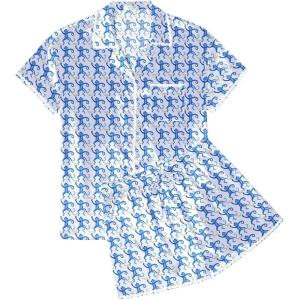 imageEkouaer Womens Pajamas Set Silk Shirt and Shorts Button Down Pj Sets Two Piece Satin Lounge Sets with PocketsBlue Monkeys Bananas