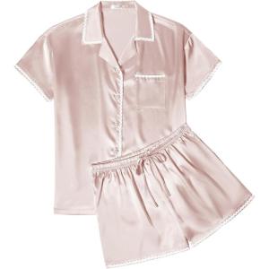imageEkouaer Womens Pajamas Set Silk Shirt and Shorts Button Down Pj Sets Two Piece Satin Lounge Sets with PocketsChampagne