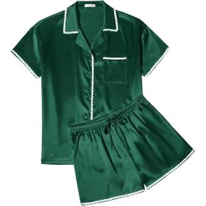 imageEkouaer Womens Pajamas Set Silk Shirt and Shorts Button Down Pj Sets Two Piece Satin Lounge Sets with PocketsGreen