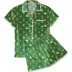 imageEkouaer Womens Pajamas Set Silk Shirt and Shorts Button Down Pj Sets Two Piece Satin Lounge Sets with PocketsGreen Christmas Candies