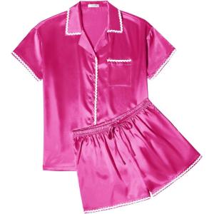 imageEkouaer Womens Pajamas Set Silk Shirt and Shorts Button Down Pj Sets Two Piece Satin Lounge Sets with PocketsHot Pink