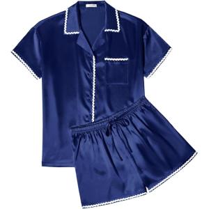 imageEkouaer Womens Pajamas Set Silk Shirt and Shorts Button Down Pj Sets Two Piece Satin Lounge Sets with PocketsNavy Blue