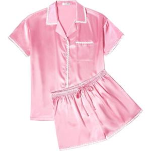 imageEkouaer Womens Pajamas Set Silk Shirt and Shorts Button Down Pj Sets Two Piece Satin Lounge Sets with PocketsPink