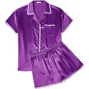 imageEkouaer Womens Pajamas Set Silk Shirt and Shorts Button Down Pj Sets Two Piece Satin Lounge Sets with PocketsPurple