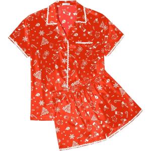 imageEkouaer Womens Pajamas Set Silk Shirt and Shorts Button Down Pj Sets Two Piece Satin Lounge Sets with PocketsRed Christmas Trees