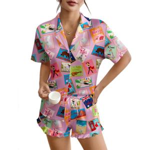 imageEkouaer Womens Silk Pajamas Button Down 2 Piece Satin Pjs Shorts Set Ruffle Lingerie Notch Collar SleepwearPattern10postcard