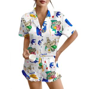 imageEkouaer Womens Silk Pajamas Button Down 2 Piece Satin Pjs Shorts Set Ruffle Lingerie Notch Collar SleepwearPattern1queen Picasso White